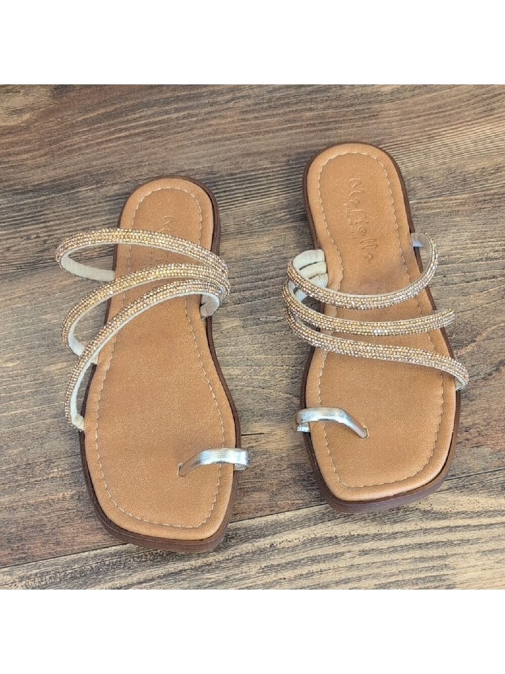 MARELLA Tan Sandals with Silver/Gold Bling Straps 7 L110